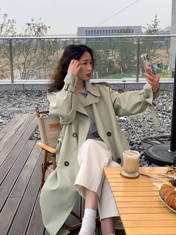 Bean Green Mid-Length Trench Coat for Women, Petite Sizes, 2024 Spring Autumn British Korean Style Fashion