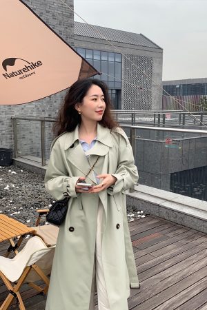 Bean Green Mid-Length Trench Coat for Women, Petite Sizes, 2024 Spring Autumn British Korean Style Fashion