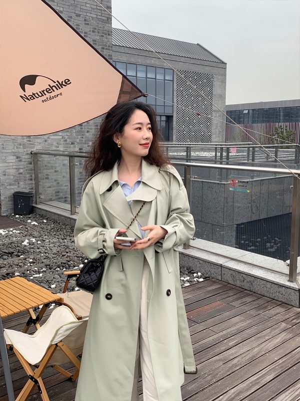Bean Green Mid-Length Trench Coat for Women, Petite Sizes, 2024 Spring Autumn British Korean Style Fashion