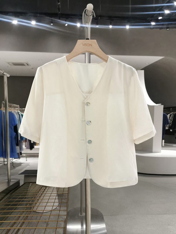 Beige Minimalist Short Sleeve V-Neck Shirt for Women - Versatile Thin Summer Jacket, Exquisite Trendy Top 2025