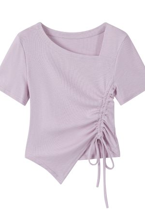 Berry Purple Irregular Waist Short Sleeve T-Shirt Blouse for Women - 2025 Summer Fashion, Trendy Casual Wear