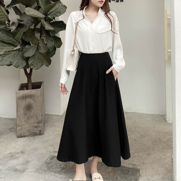 Black A-line Midi Skirt for Women - Slimming Spring/Summer Style with Diagonal Texture, Pockets, and 3D Tailoring