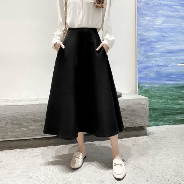 Black A-line Midi Skirt for Women - Slimming Spring/Summer Style with Diagonal Texture, Pockets, and 3D Tailoring