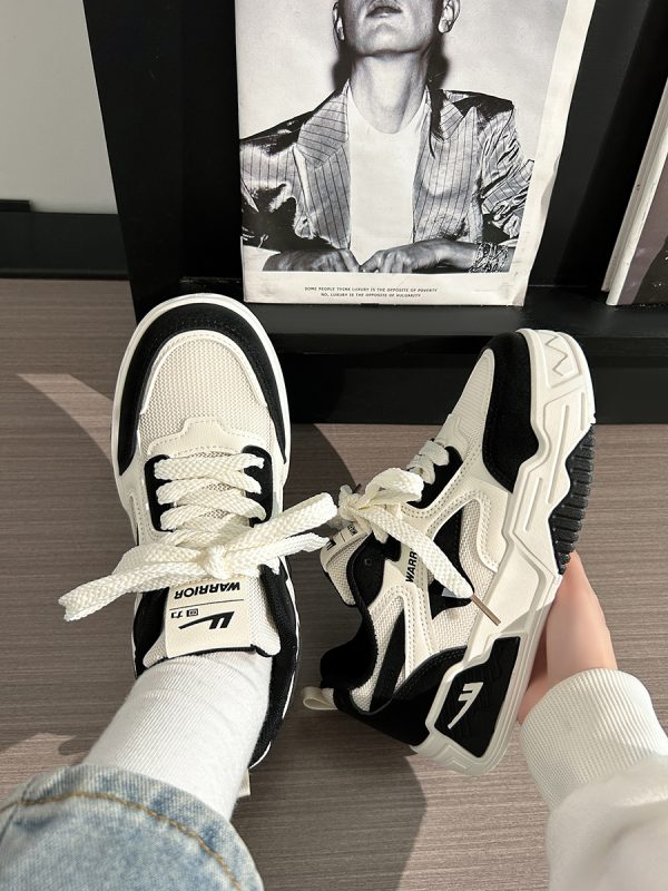 Black and White Unisex Thick-Soled Sneakers - Summer Mesh Breathable Couple Shoes - Versatile Popular Little White Shoes for Women