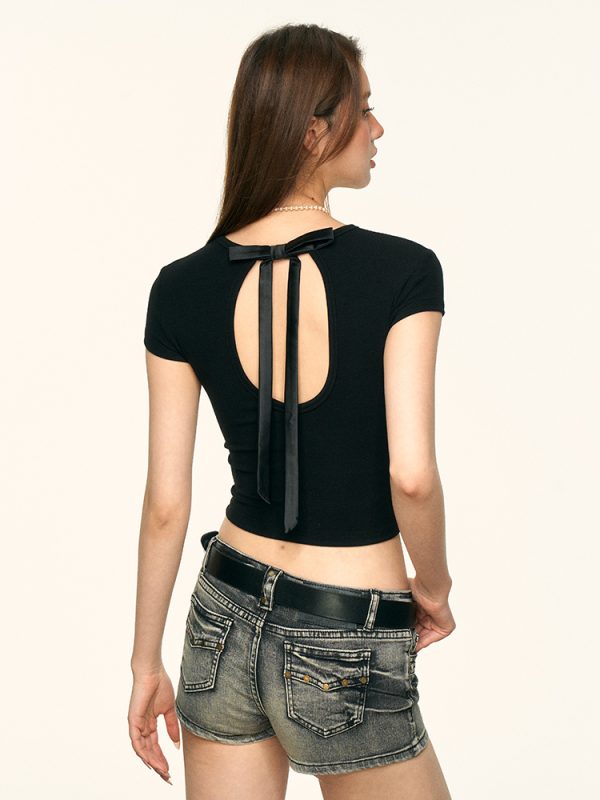 Black Bow Tie Backless T-Shirt for Women - Summer Sexy Slim Fit Short Sleeve Top, Y2K Style Fashion Essentials