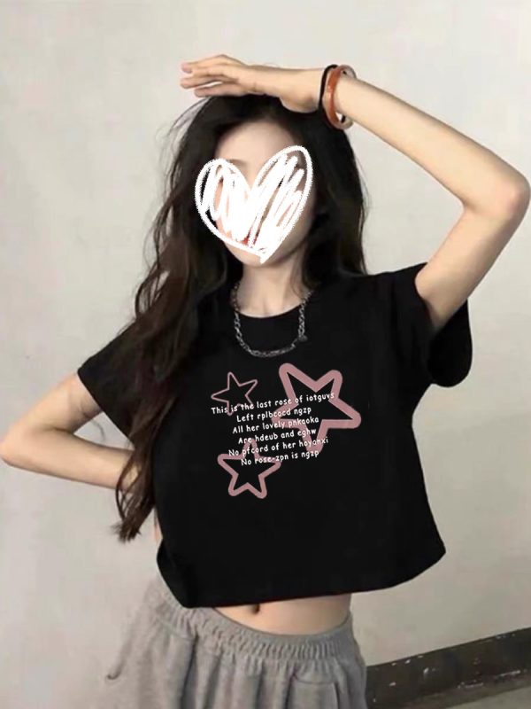 Black Cropped Short-Sleeve T-Shirt for Women - Youthful Summer Style for Petite Students and Big Kids, Cool and Trendy Fashion