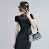 Black High-Neck Mesh Splicing Short-Sleeve T-Shirt for Women, Slim-Fit Cropped Base Layer Top, Waist-Cinching Summer Fashion 2025
