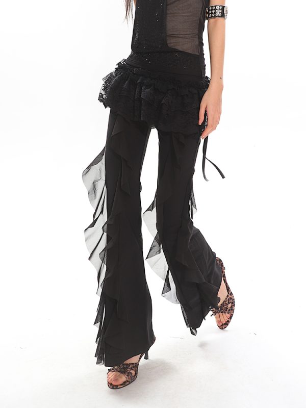 Black High-Waisted Straight-Leg Casual Pants for Women with Flowing Ribbons - Trendy Slimming Style for 90s and Y2K Fashion