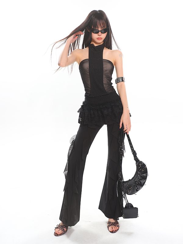 Black High-Waisted Straight-Leg Casual Pants for Women with Flowing Ribbons - Trendy Slimming Style for 90s and Y2K Fashion