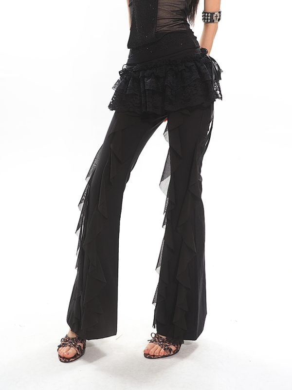 Black High-Waisted Straight-Leg Casual Pants for Women with Flowing Ribbons - Trendy Slimming Style for 90s and Y2K Fashion