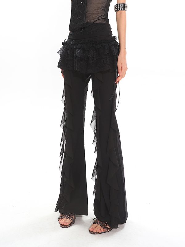 Black High-Waisted Straight-Leg Casual Pants for Women with Flowing Ribbons - Trendy Slimming Style for 90s and Y2K Fashion