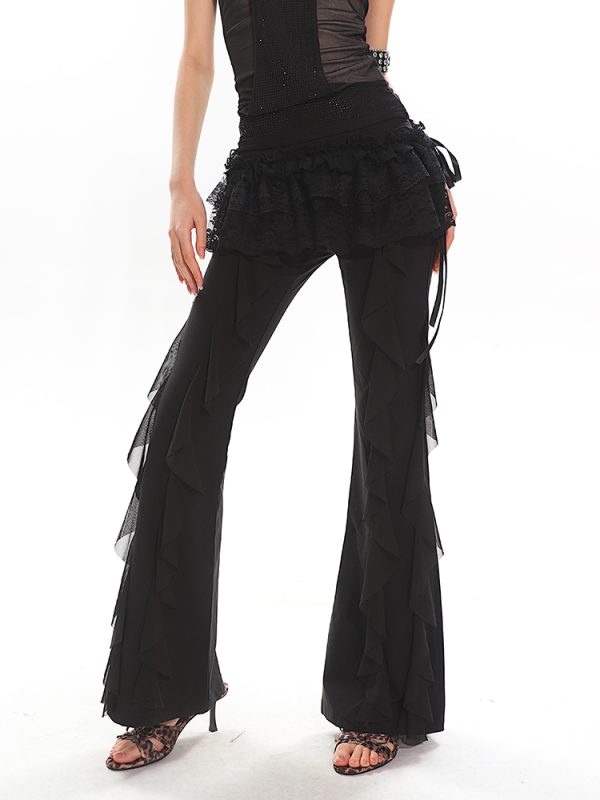 Black High-Waisted Straight-Leg Casual Pants for Women with Flowing Ribbons - Trendy Slimming Style for 90s and Y2K Fashion