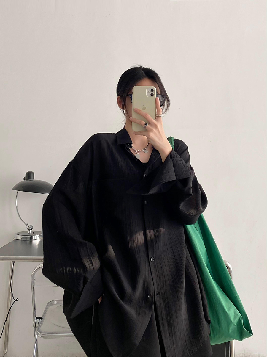Black Long Sleeve Sun Protection Shirt for Women - Thin Loose Korean Style Tencel Jacket Top - Spring Summer Casual Fashion