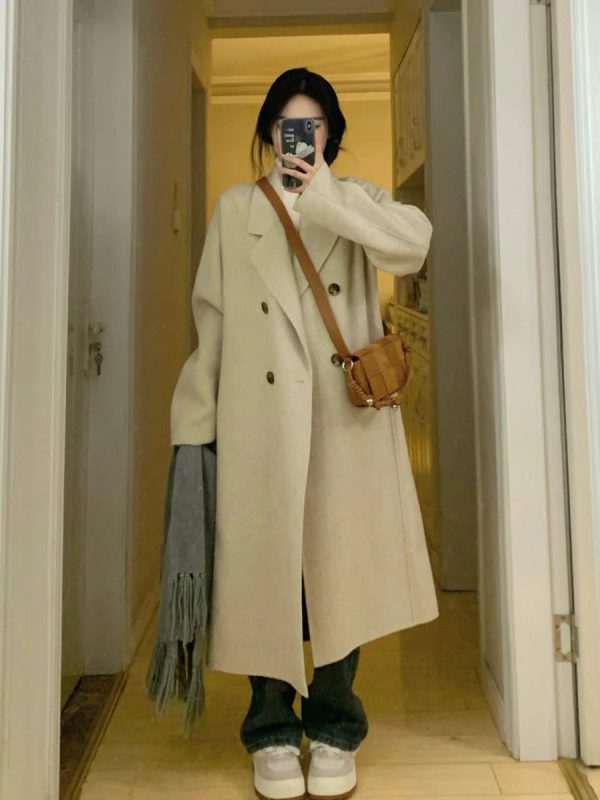 Black Reversible Cashmere Coat for Women - Mid-Length, High-End Korean Style Woolen Outerwear for Autumn & Winter, Perfect for Petites