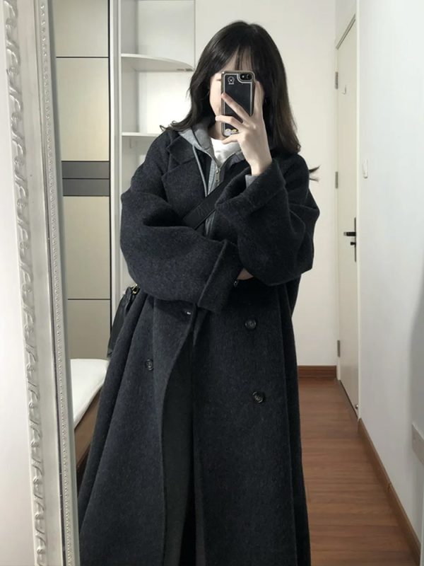 Black Reversible Cashmere Coat for Women - Mid-Length, High-End Korean Style Woolen Outerwear for Autumn & Winter, Perfect for Petites
