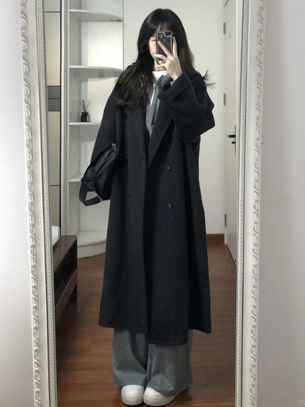Black Reversible Cashmere Coat for Women - Mid-Length, High-End Korean Style Woolen Outerwear for Autumn & Winter, Perfect for Petites