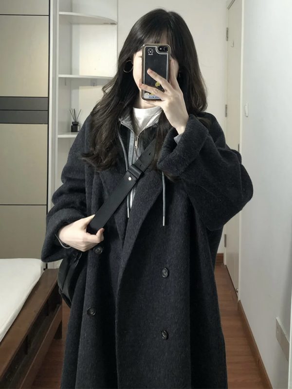 Black Reversible Cashmere Coat for Women - Mid-Length, High-End Korean Style Woolen Outerwear for Autumn & Winter, Perfect for Petites