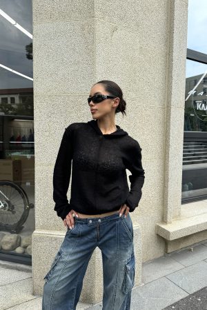 Black Semi-Transparent Knitted Hoodie - Stylish Practical Design for Small Essentials, Perfect for Y2K and Casual Looks