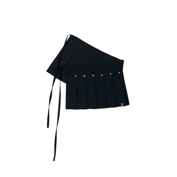 Black Star-Shaped Rivet Pleated Midi Skirt with Layered Design and Versatile Black Strap - Y2K Fashion Essential