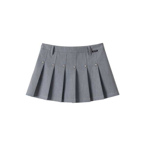 Black Star-Shaped Rivet Pleated Midi Skirt with Layered Design and Versatile Black Strap - Y2K Fashion Essential