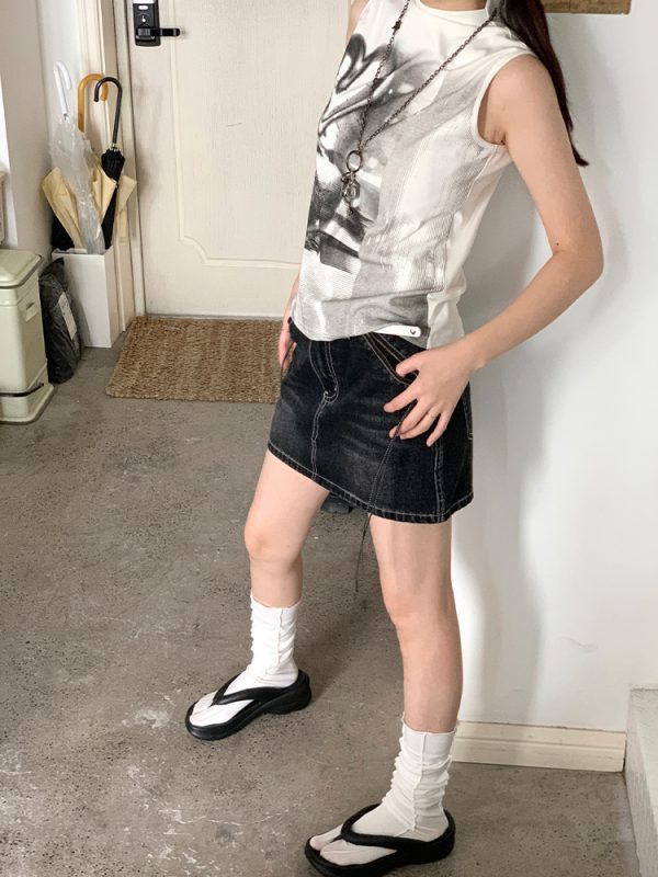 Black Vintage Washed Denim Skirt with Lining - 90s Inspired, Non-See-Through Design for Effortless Style