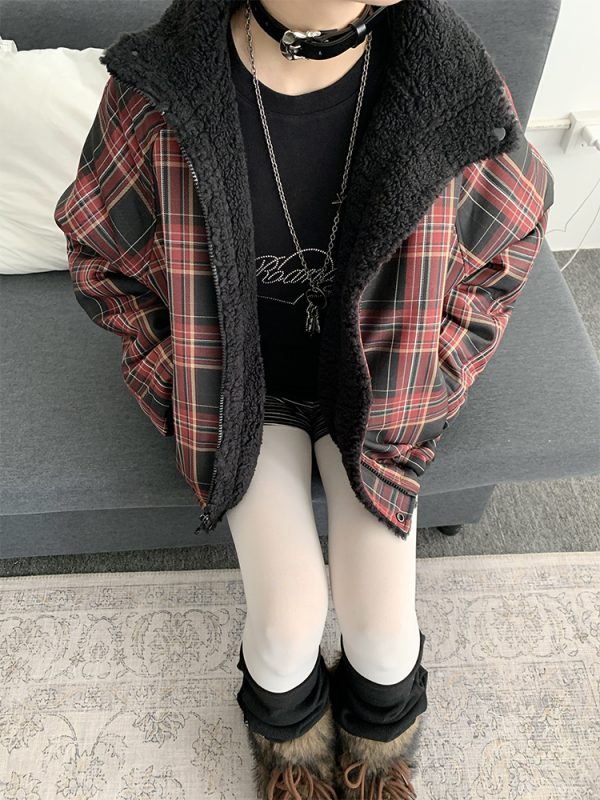 Blackcurrant Cookie Double-Sided Lamb Wool Cotton Coat - Quilted College Style Autumn Winter Outerwear