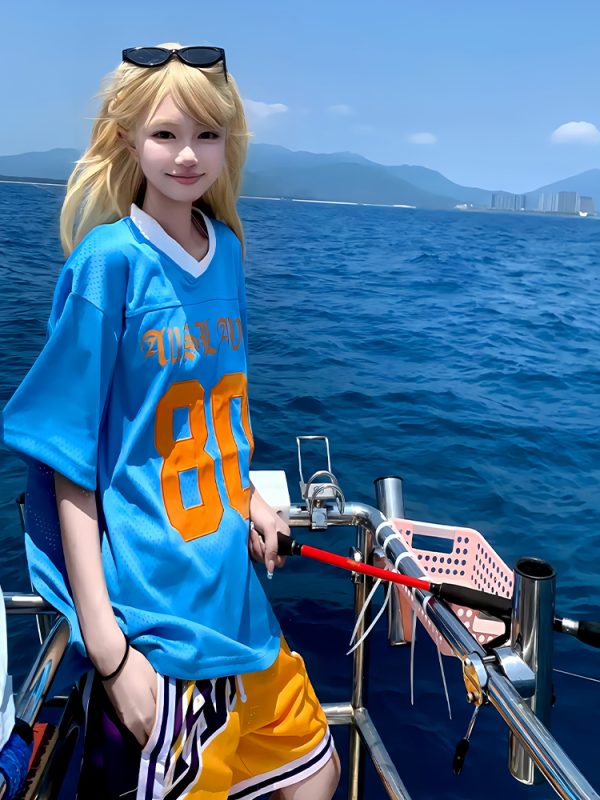 Blue American Retro Mesh Jersey T-Shirt for Women, Summer Short Sleeve Loose Fit V-Neck Top, Outdoor Sports Style