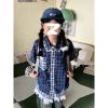 Blue Checkered Short Sleeve Shirt for Women - Summer Color-Blocking Loose Casual Top, Trendy Korean Style