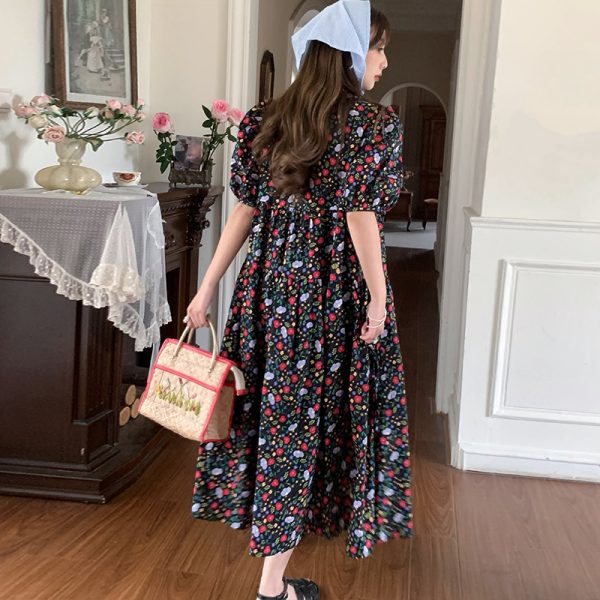 Blue Floral Square Neck Short Sleeve Dress for Women - Vintage Loose Puff Sleeve Long Dress - Late Spring 90s Inspired Summer Style