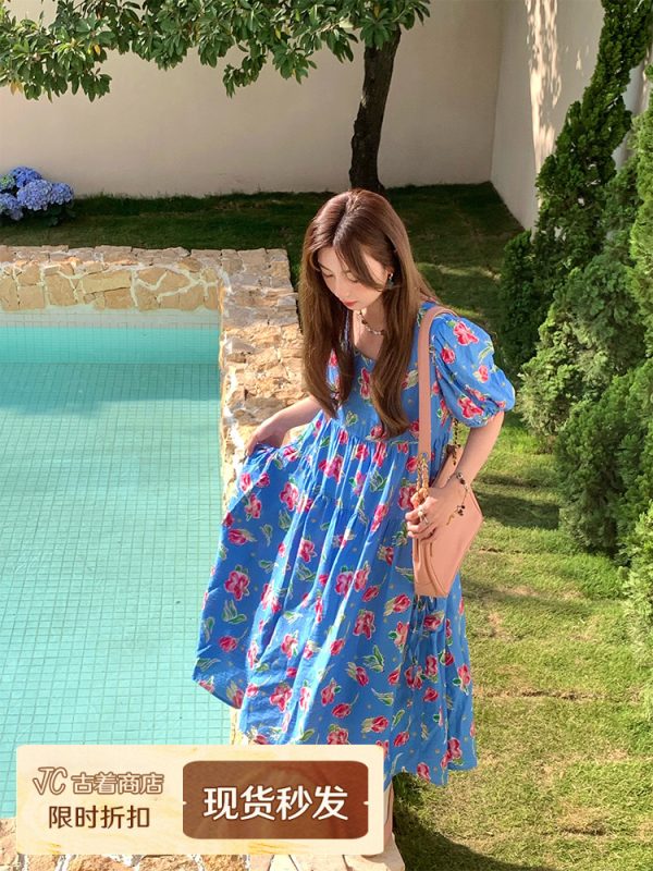 Blue Floral Square Neck Short Sleeve Dress for Women - Vintage Loose Puff Sleeve Long Dress - Late Spring 90s Inspired Summer Style