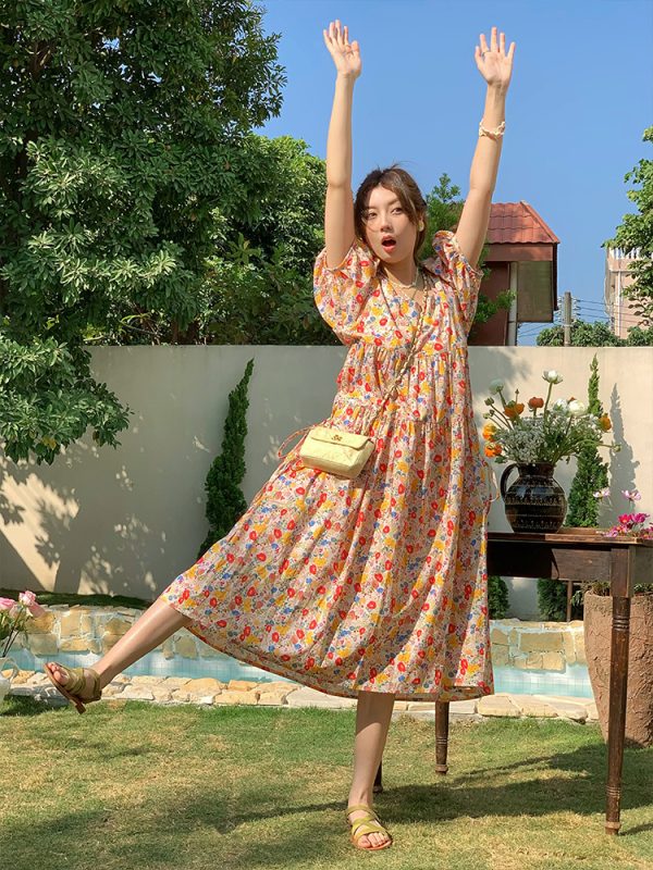 Blue Floral Square Neck Short Sleeve Dress for Women - Vintage Loose Puff Sleeve Long Dress - Late Spring 90s Inspired Summer Style