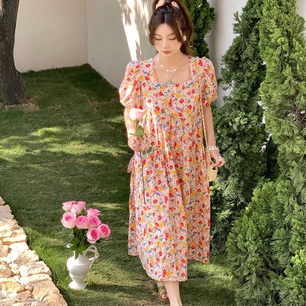 Blue Floral Square Neck Short Sleeve Dress for Women - Vintage Loose Puff Sleeve Long Dress - Late Spring 90s Inspired Summer Style