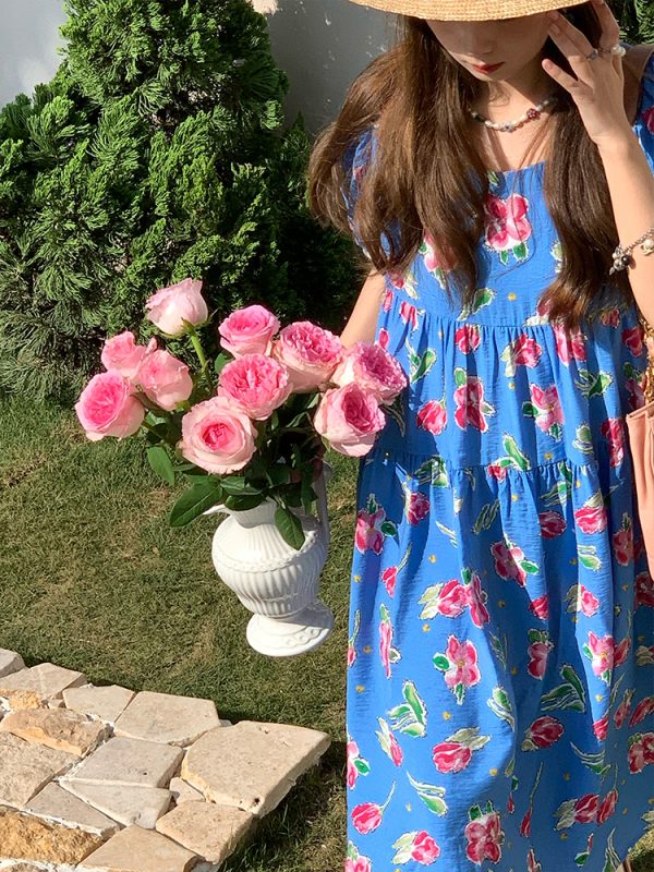 Blue Floral Square Neck Short Sleeve Dress for Women - Vintage Loose Puff Sleeve Long Dress - Late Spring 90s Inspired Summer Style