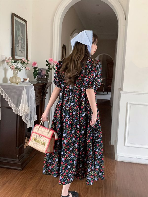Blue Floral Square Neck Short Sleeve Dress for Women - Vintage Loose Puff Sleeve Long Dress - Late Spring 90s Inspired Summer Style