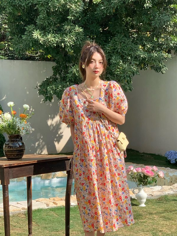 Blue Floral Square Neck Short Sleeve Dress for Women - Vintage Loose Puff Sleeve Long Dress - Late Spring 90s Inspired Summer Style