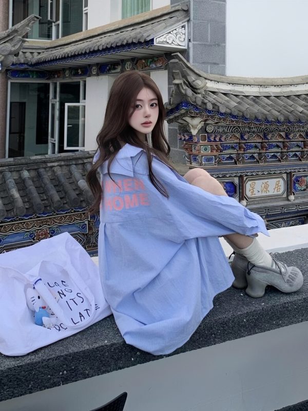 Blue Striped Printed Loose Long Sleeve Shirt with Heartbeat Design for Women - Trendy Y2K Style Top
