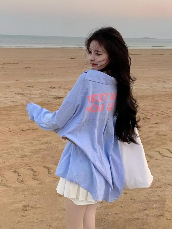 Blue Striped Printed Loose Long Sleeve Shirt with Heartbeat Design for Women - Trendy Y2K Style Top