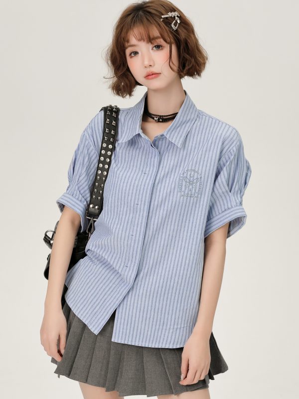 Blue Striped Short Sleeve Shirt for Women, Embroidered Wide Cuff Design, Slimming Summer Style, Trendy Fashion Top