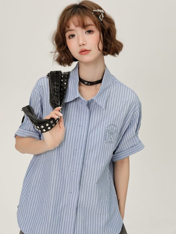 Blue Striped Short Sleeve Shirt for Women, Embroidered Wide Cuff Design, Slimming Summer Style, Trendy Fashion Top