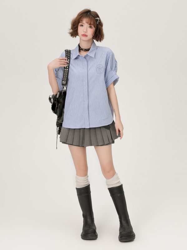 Blue Striped Short Sleeve Shirt for Women, Embroidered Wide Cuff Design, Slimming Summer Style, Trendy Fashion Top
