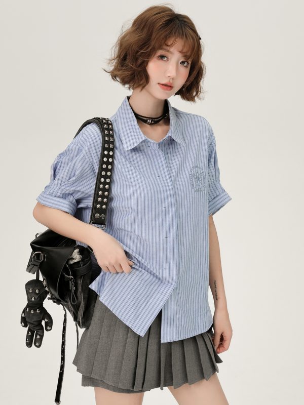 Blue Striped Short Sleeve Shirt for Women, Embroidered Wide Cuff Design, Slimming Summer Style, Trendy Fashion Top