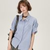 Blue Striped Short Sleeve Shirt for Women, Embroidered Wide Cuff Design, Slimming Summer Style, Trendy Fashion Top