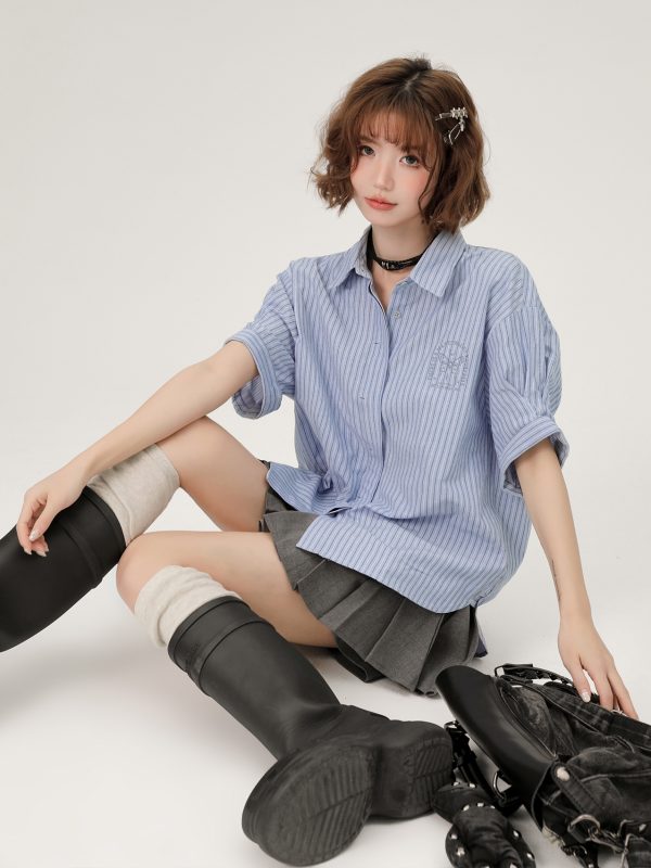 Blue Striped Short Sleeve Shirt for Women, Embroidered Wide Cuff Design, Slimming Summer Style, Trendy Fashion Top