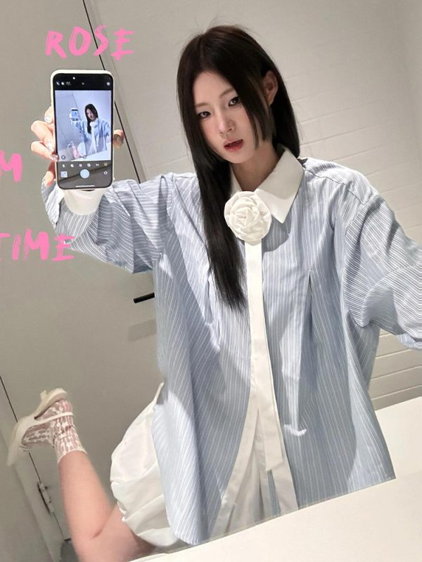 Blue Striped Spliced Shirt for Women, Loose-Fitting Spring Top, Slimming Sun Protection Jacket, Retro Chic Hong Kong Style