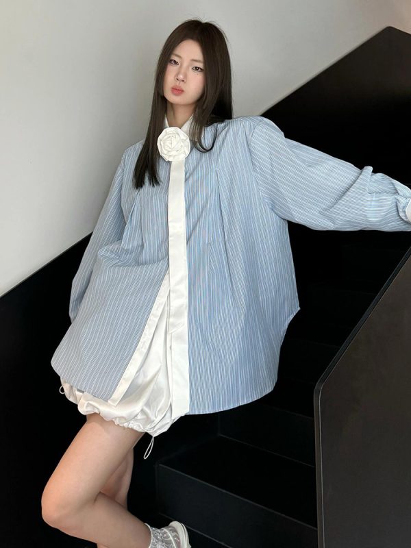 Blue Striped Spliced Shirt for Women, Loose-Fitting Spring Top, Slimming Sun Protection Jacket, Retro Chic Hong Kong Style