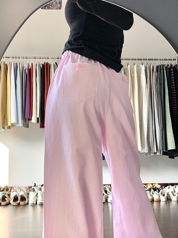 Blue Vertical Striped Wide-Leg Casual Pants for Women - Summer 2025 Loose Fit Draping Effect Walking Sports Pants