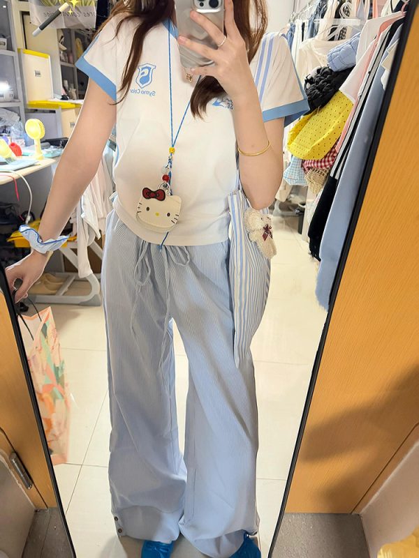 Blue Vertical Striped Wide-Leg Casual Pants for Women - Summer 2025 Loose Fit Draping Effect Walking Sports Pants