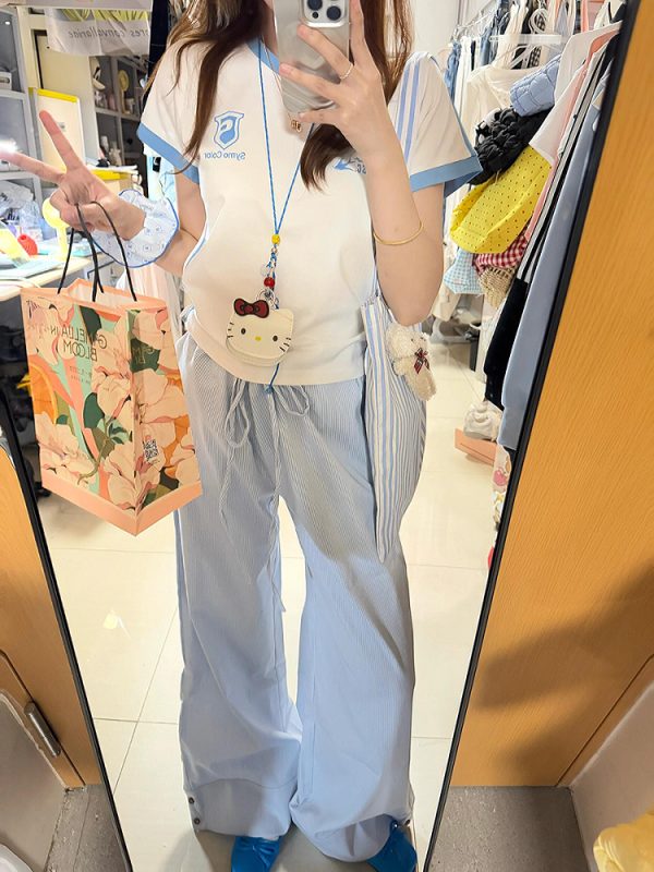 Blue Vertical Striped Wide-Leg Casual Pants for Women - Summer 2025 Loose Fit Draping Effect Walking Sports Pants