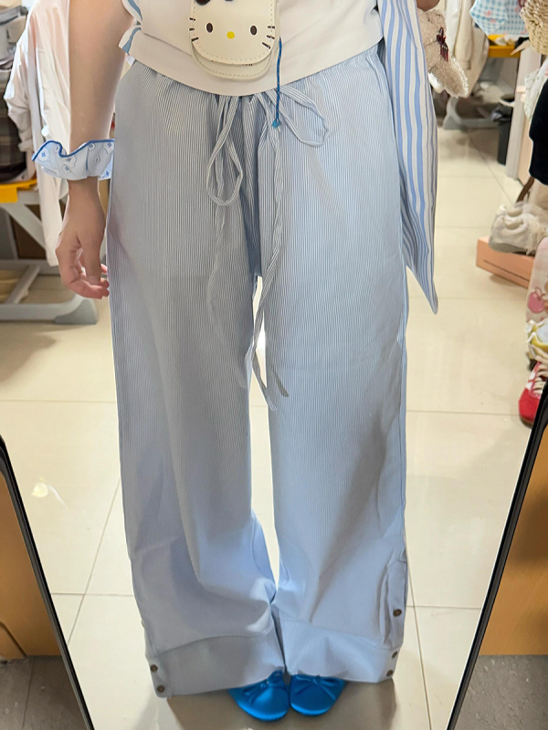 Blue Vertical Striped Wide-Leg Casual Pants for Women - Summer 2025 Loose Fit Draping Effect Walking Sports Pants