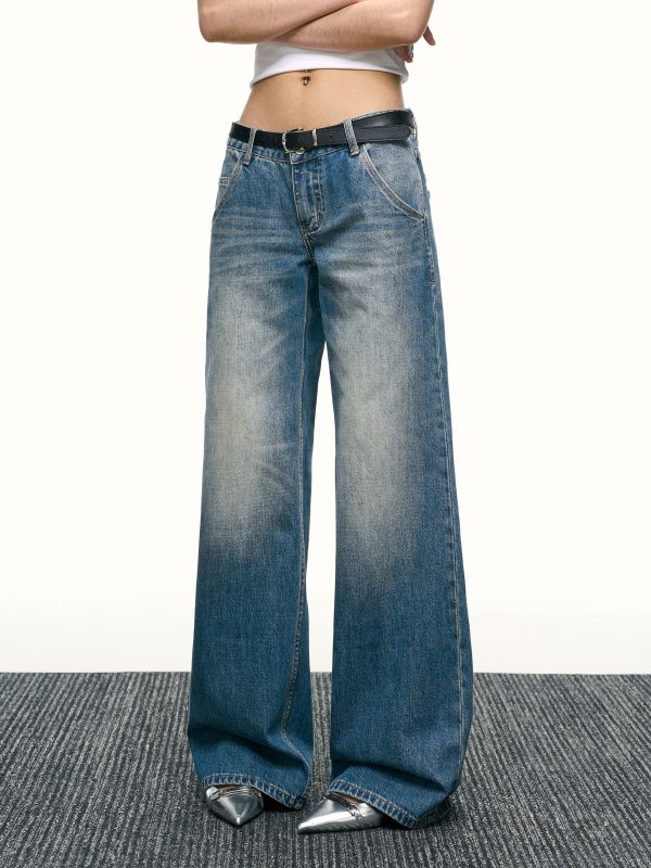 Blue Washed Scratch-Style Low-Rise Jeans for Women, Loose Straight-Leg Trousers, Slimming Wide-Leg Pants for Spring and Autumn Fashion